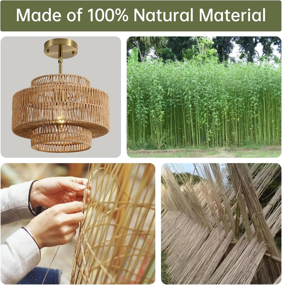 Boho Rattan Chandelier Handwoven Pendant Light Natural