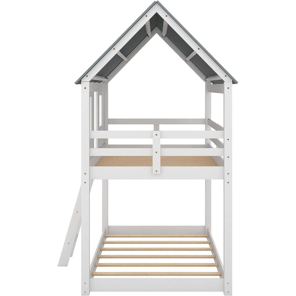 Twin House Bunk Bed With Playhouse White And Gray Finish