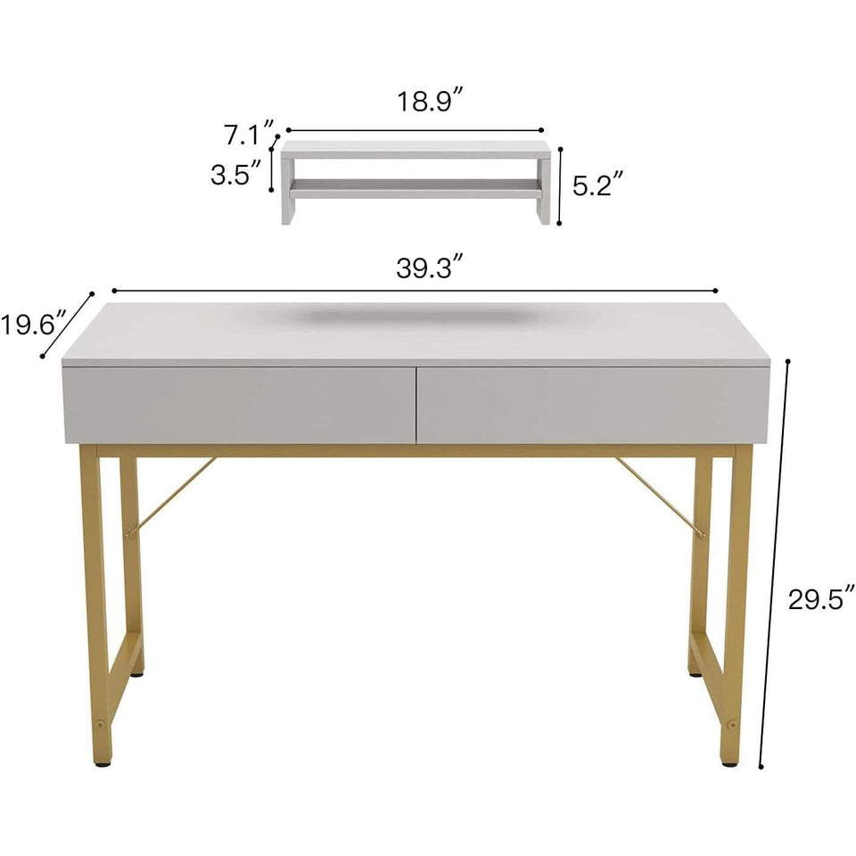 White Home Office Desk With Drawer And Monitor Stand