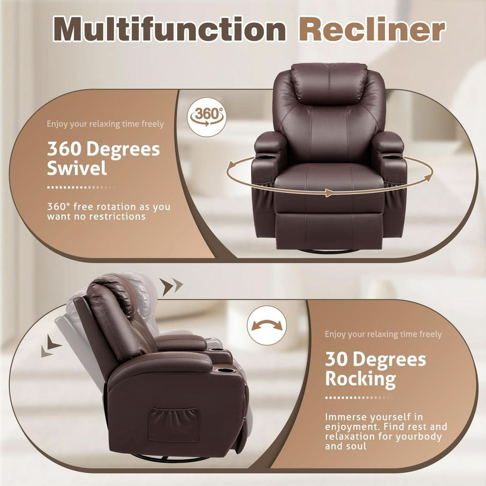Dark Brown 360 Degree Swivel Recliner Chair With Massage