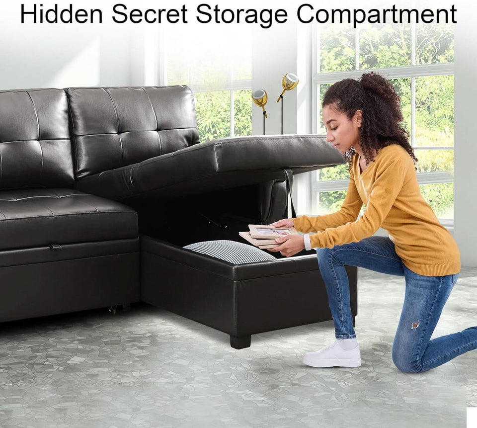 Sleeper Sectional Sofa Black Leather With Convertible Bed