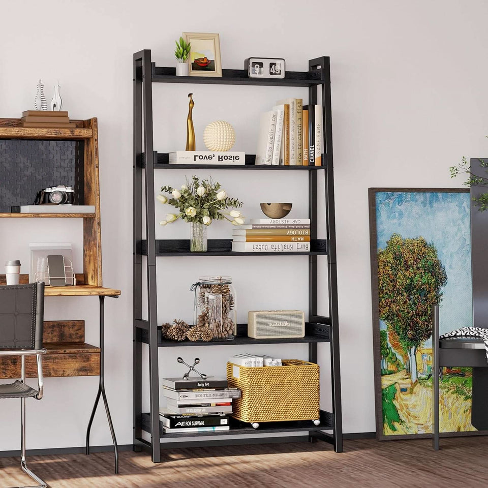 Industrial 5 Tier Bookshelf With Steel Frame 74In Tall