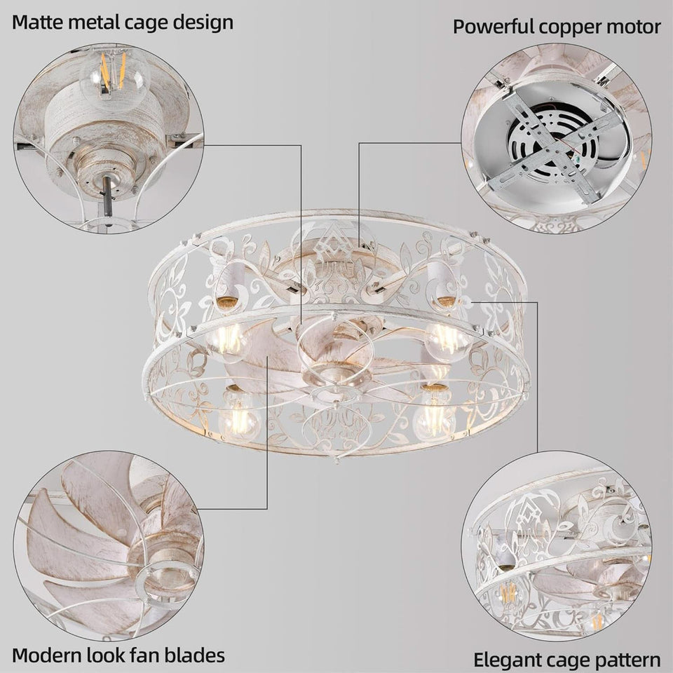 20 Inch Caged Ceiling Fan With Light White Gold Remote
