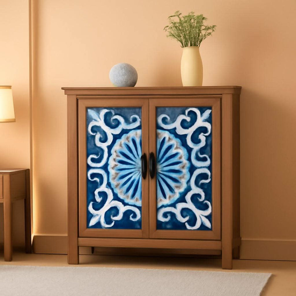 Blue Porcelain Front Accent Storage Cabinet With 2 Doors