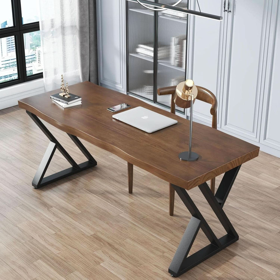 Solid Wood Desk Fifty Five Inch Wide Matte Brown Rustic Aged Oak