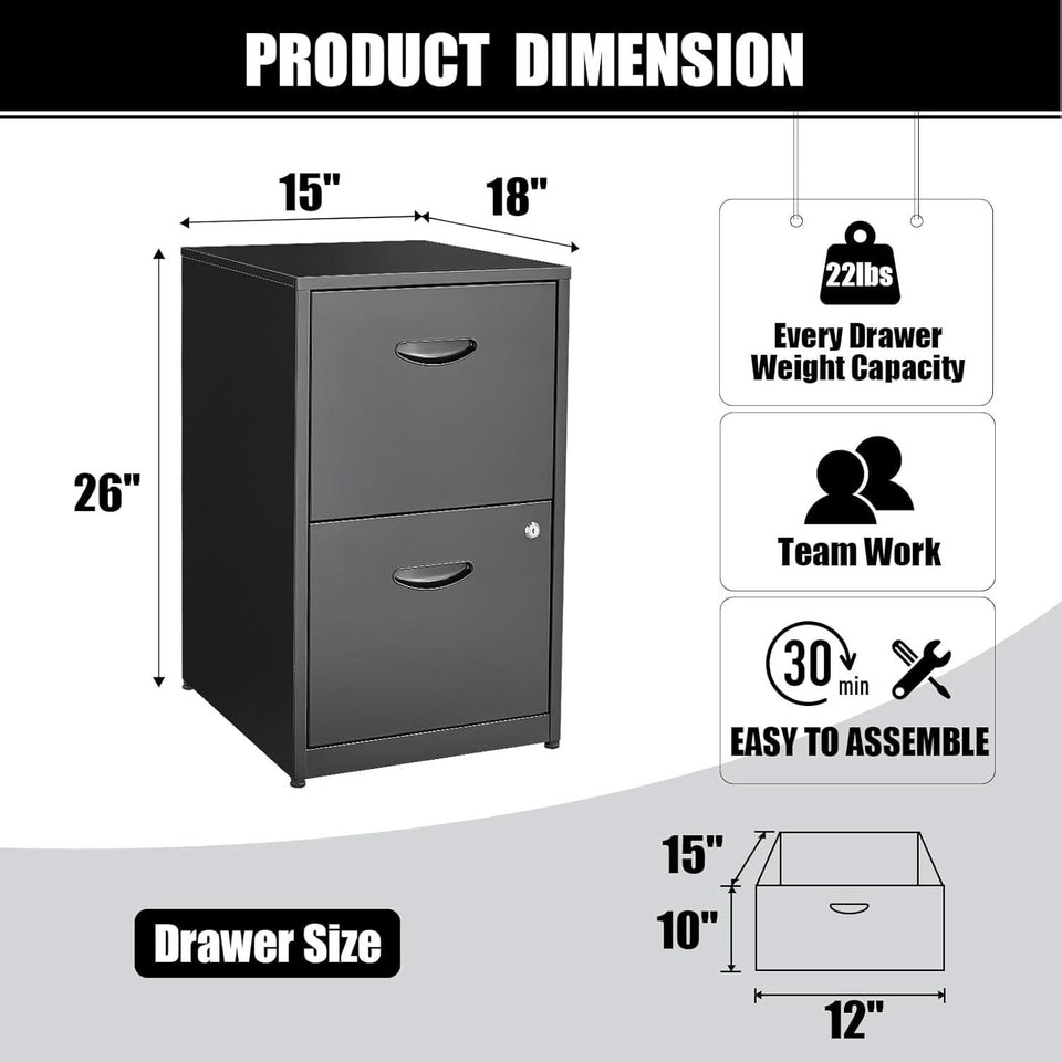 2 Drawer Metal File Cabinet With Lock Black 18 Inch Depth Vertical Filing Cabinet For Home Office Letter Size
