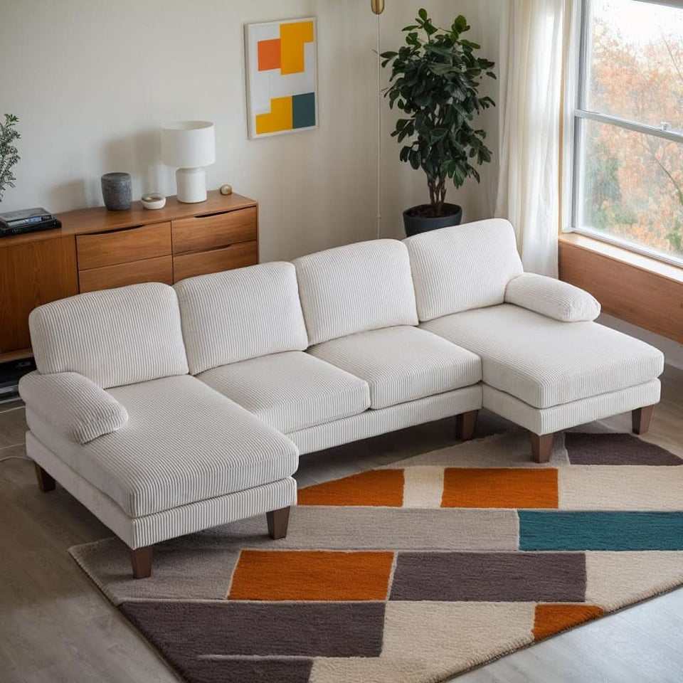 Beige 111 Inch U Shape Corduroy Sectional Sofa With Chaises