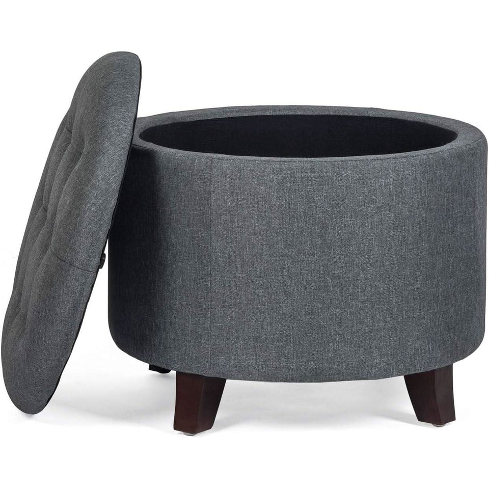 Gray Fabric Round Storage Ottoman With Button Tufting