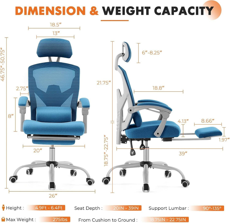 Blue Ergonomic Mesh Office Chair With Lumbar Support