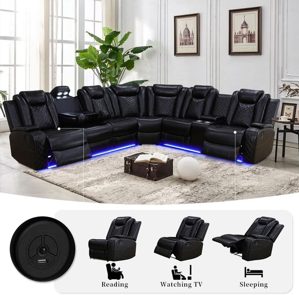 Black Leather Power Recliner Living Room Set With Cup Holders