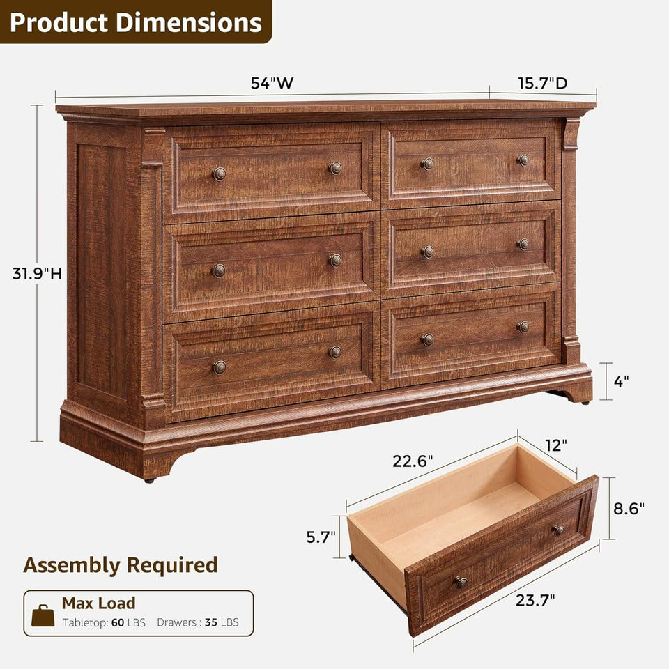 54 Inch Farmhouse Six Drawer Reclaimed Barnwood Dresser