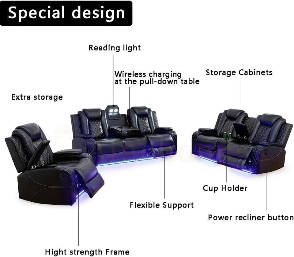 Black 3Piece Power Recliner Sofa Set With LED Light