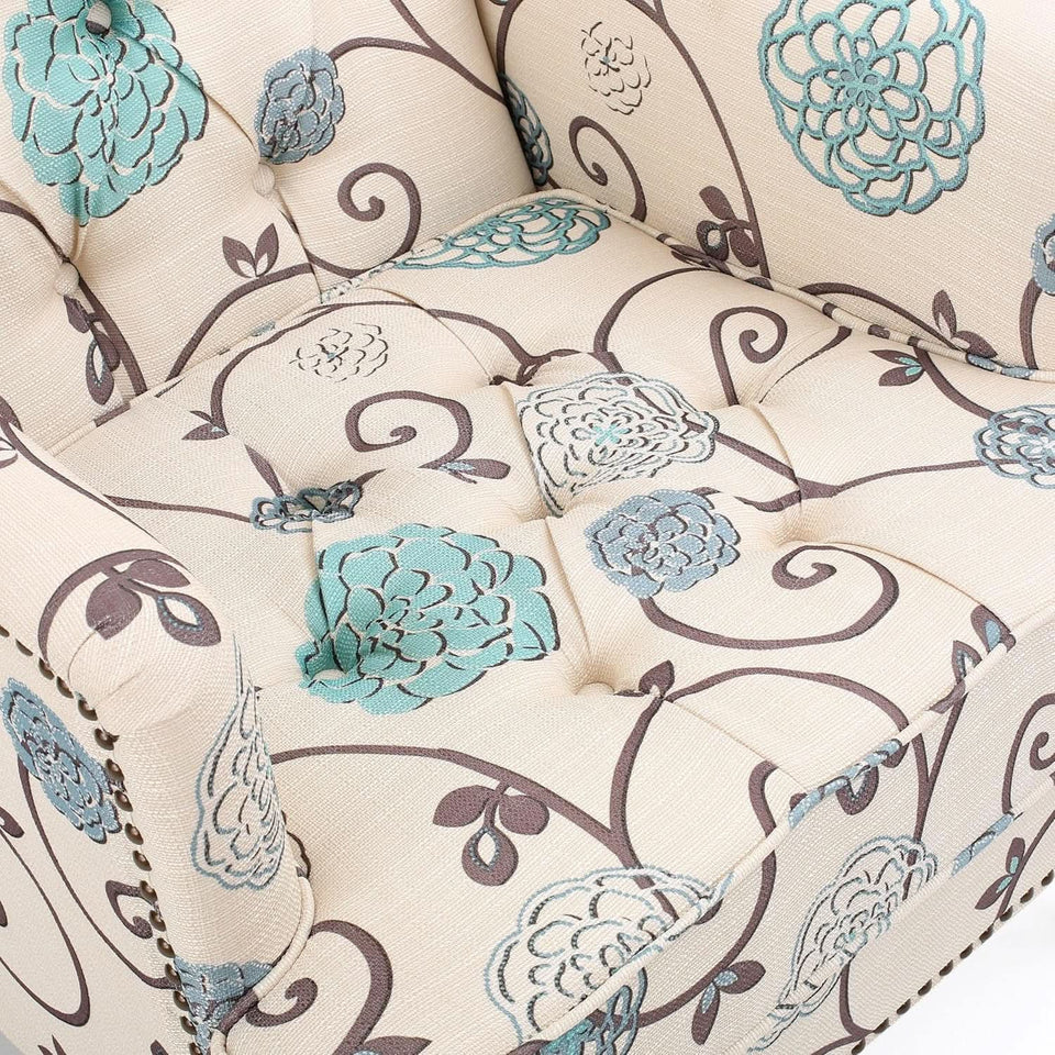 Floral Tufted Club Chair In White And Blue Polyester