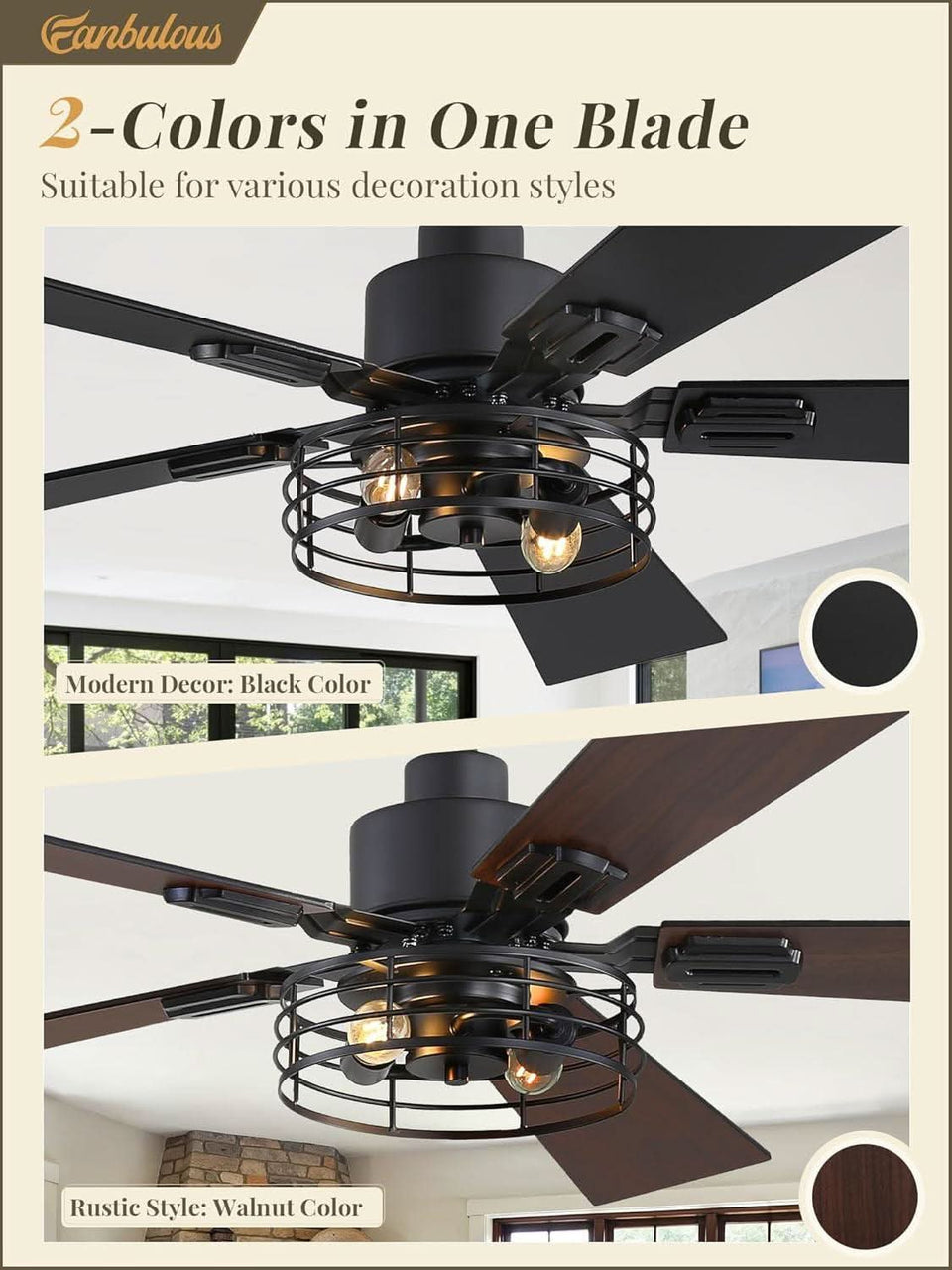 42 Inch Farmhouse Ceiling Fan With Lights Black Cage 2 Pack