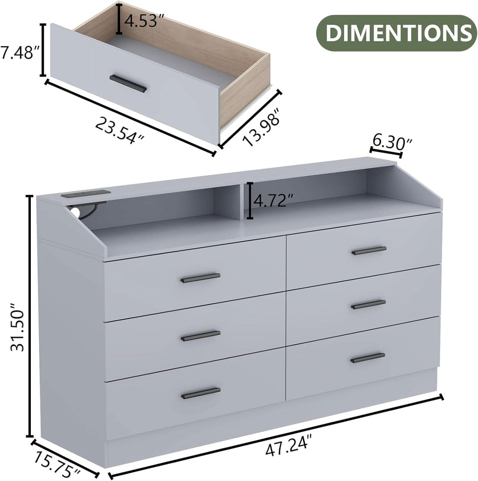 Grey Six Drawer Dresser With Power Outlet And USB Ports