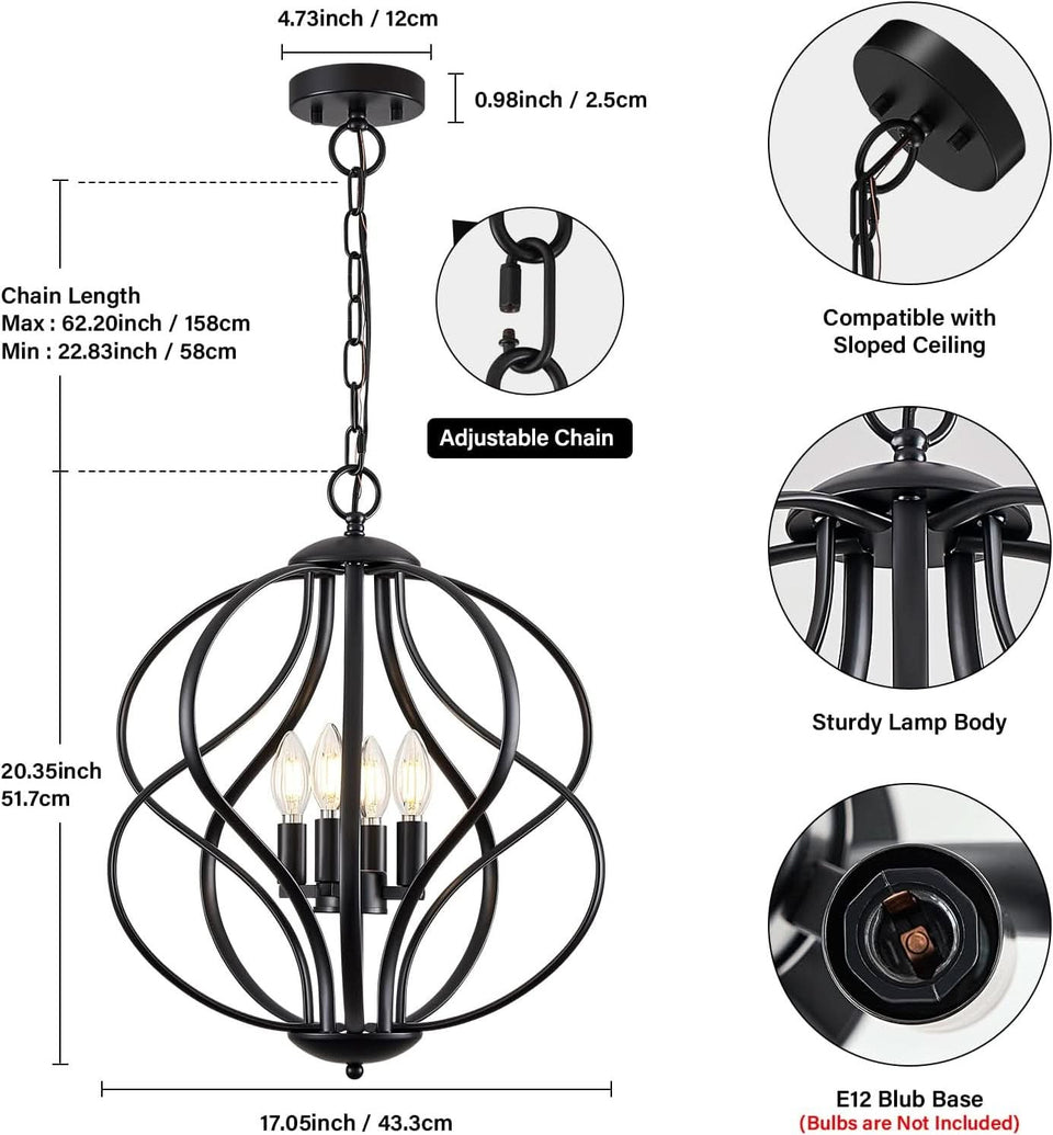 Black Four Light Geometric Pendant Chandelier Dining Room
