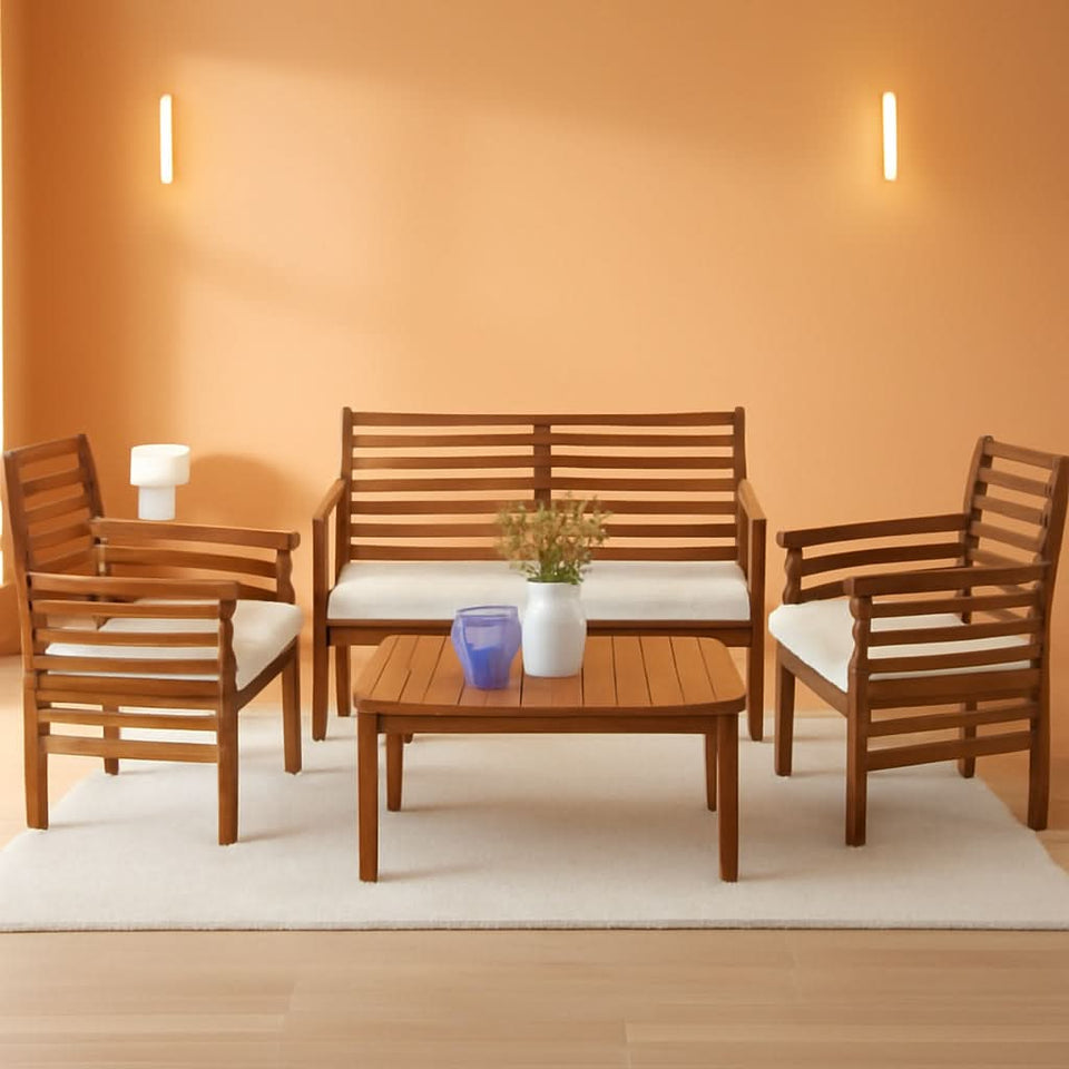 Outdoor Wood Sofa Set Natural Acacia With Thick Cushions