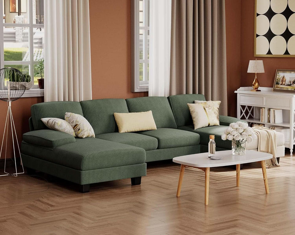 Dark Green Corduroy U Shaped Sectional Sofa 4 Seat Chaise