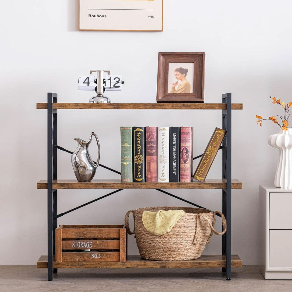 3 Tier Industrial Bookshelf Rustic Wood And Metal Open