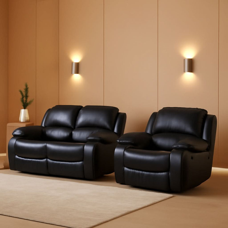 2Piece Bonded Leather Recliner Sofa And Loveseat Set Black 8018 With Pocket Coil Cushions