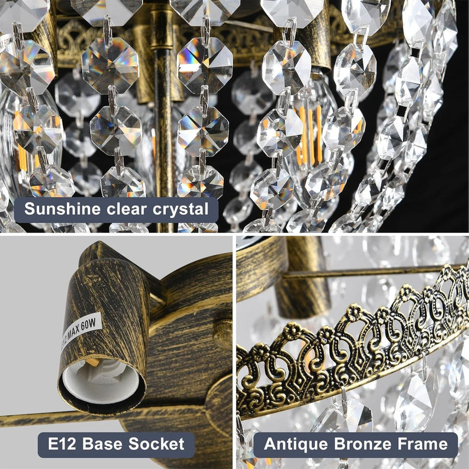 Three Light French Empire Crystal Chandelier Antique Bronze Dimmable Flush Mount