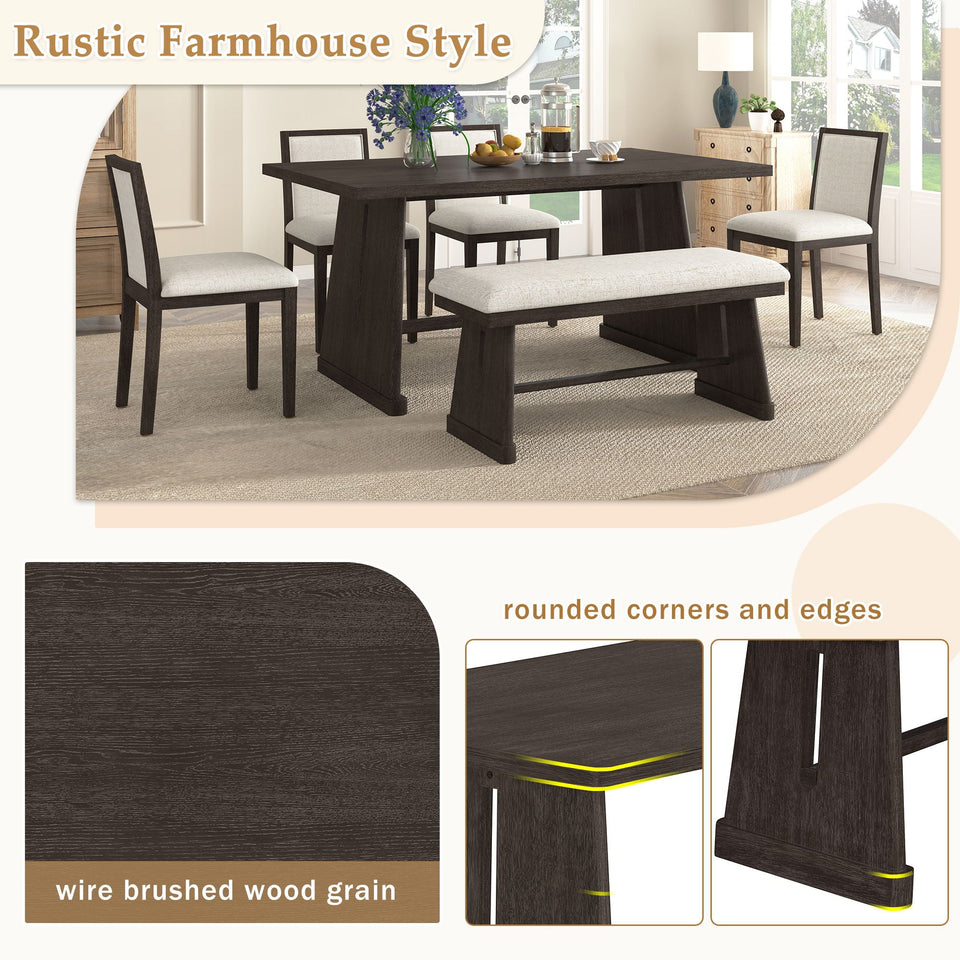 Dining Set With Rectangular Table, 4 Upholstered Chairs & 1 Padded Bench