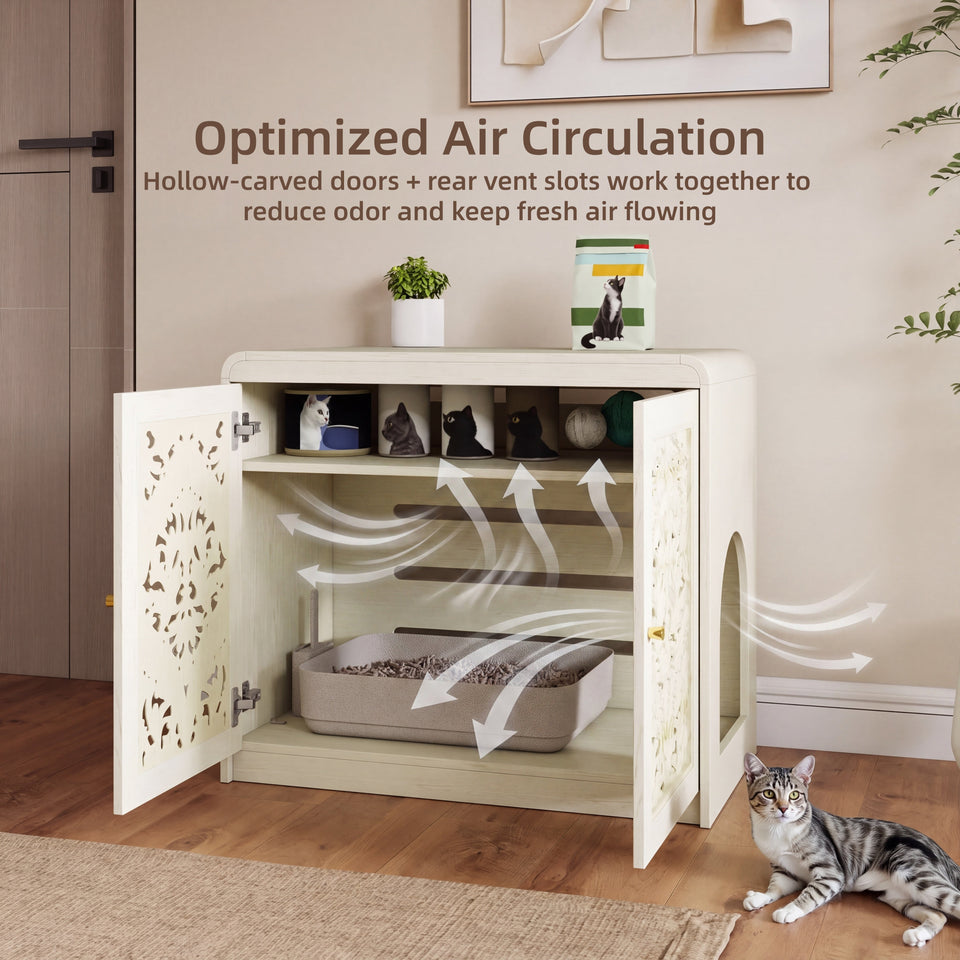 Antique White Pet Litter Box Cabinet with Ventilation - Engineered Wood