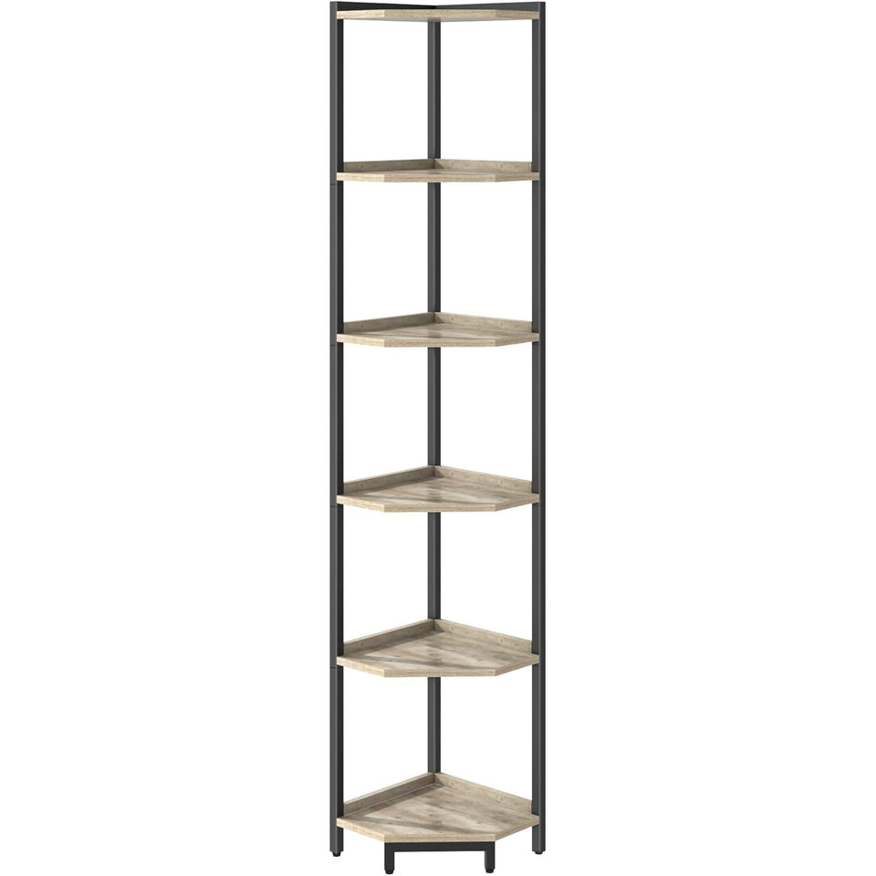 6-Tier Greige Corner Shelf Stand For Living Room And Office