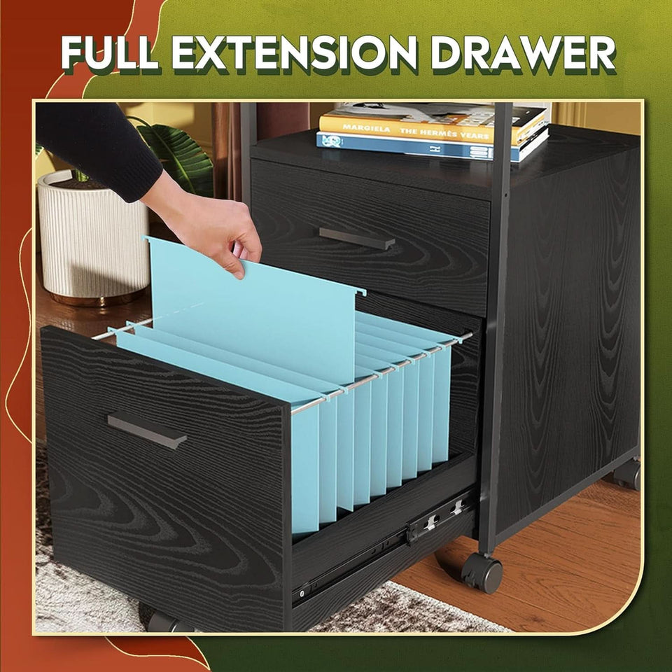 2 Drawer Mobile File Cabinet With Open Storage Shelf Black