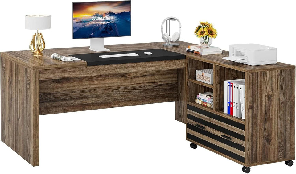 62.2 Inch L Shaped Desk With Mobile File Cabinet Brown