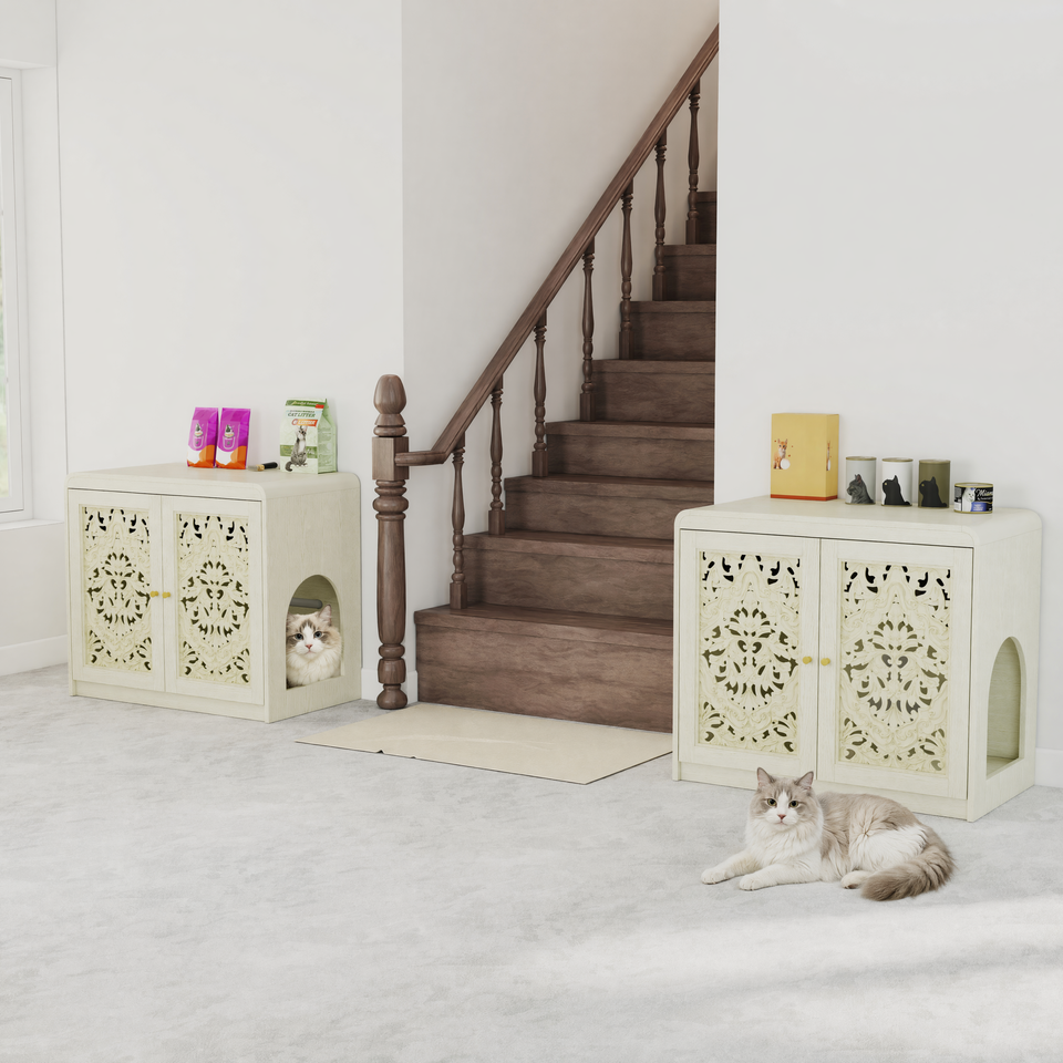 Antique White Pet Litter Box Cabinet with Ventilation - Engineered Wood