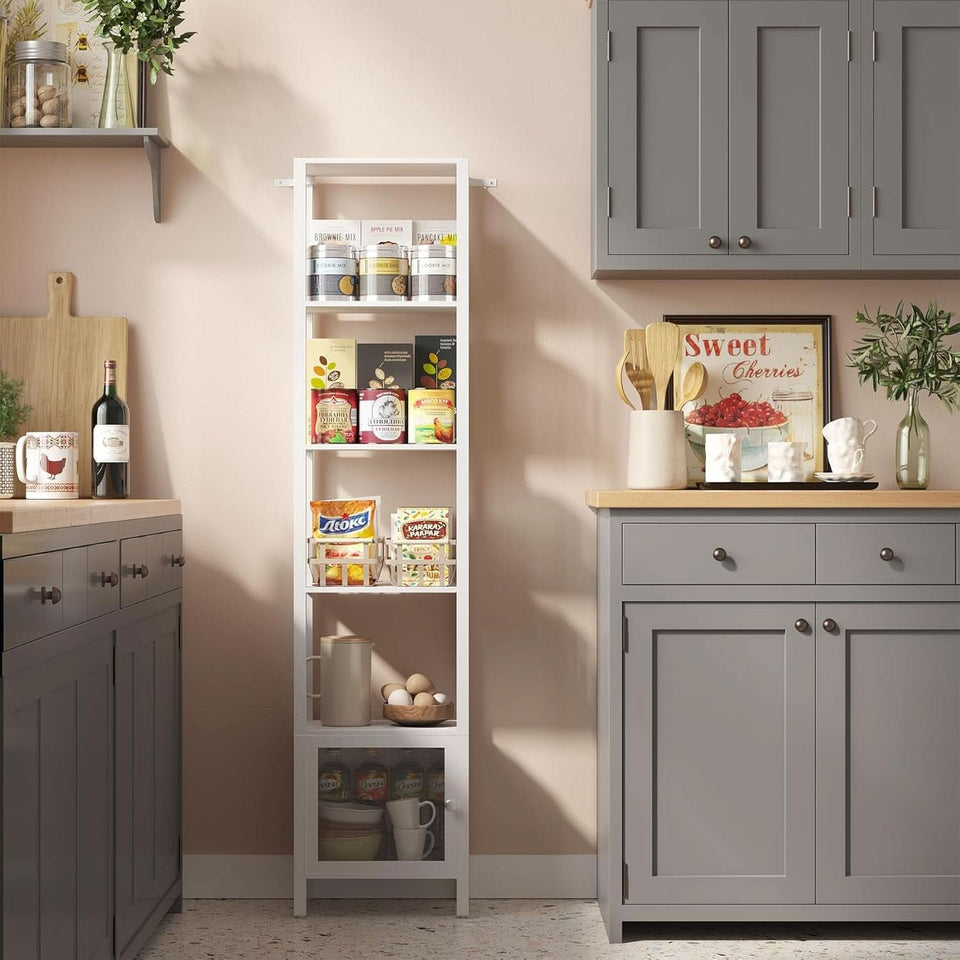 White 6-Tier Narrow Bookshelf With Door For Small Space