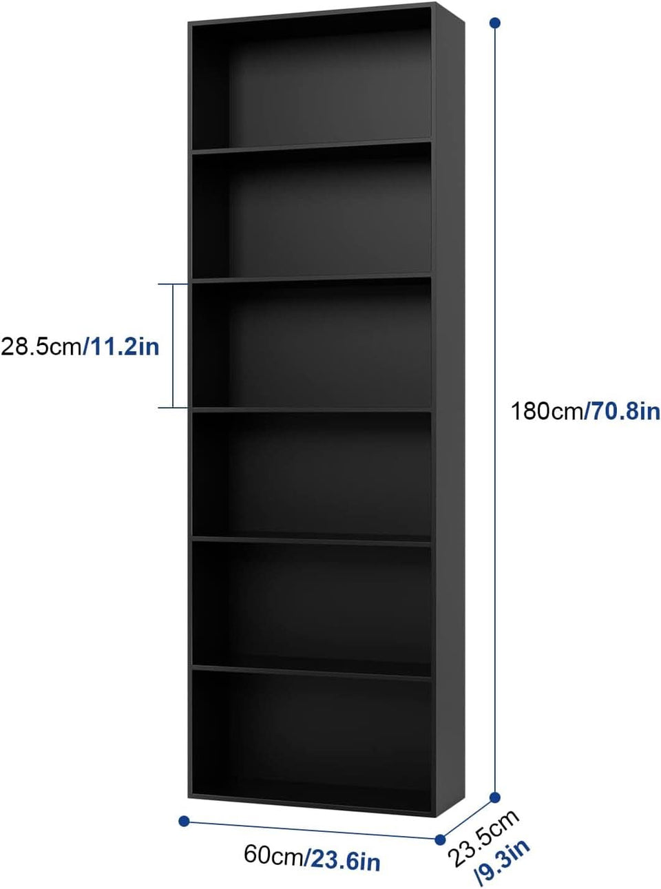 Six Tier Open Bookcase Tall Freestanding Shelving Black