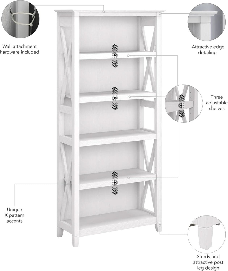 Tall 5 Shelf Bookcase In Pure White Oak Modern Farmhouse