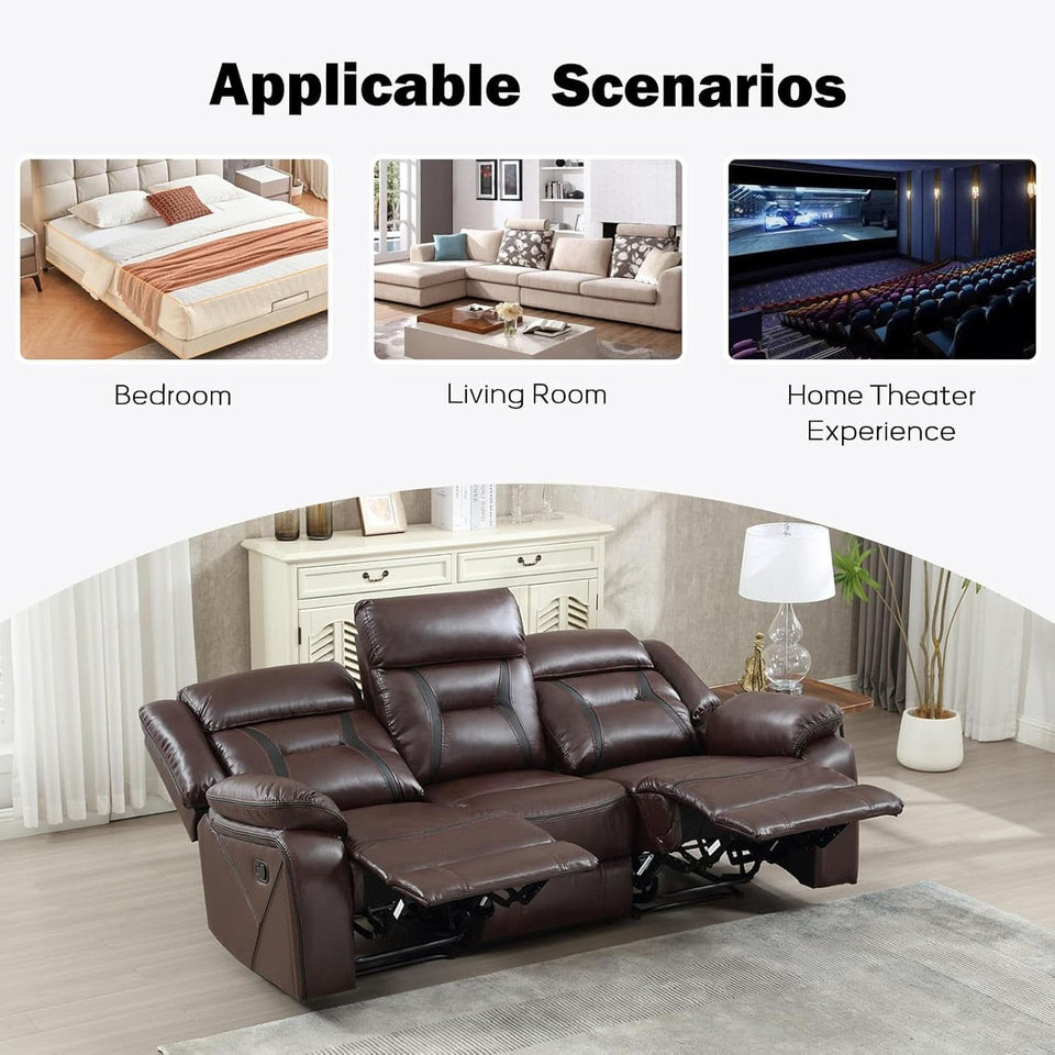 Three Seat Manual Reclining Sofa Dark Brown Faux Leather