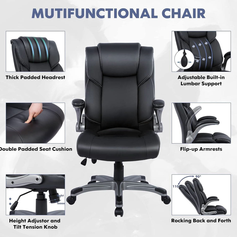 Black Leather Executive Office Chairs 2 Pack With Flip Arms