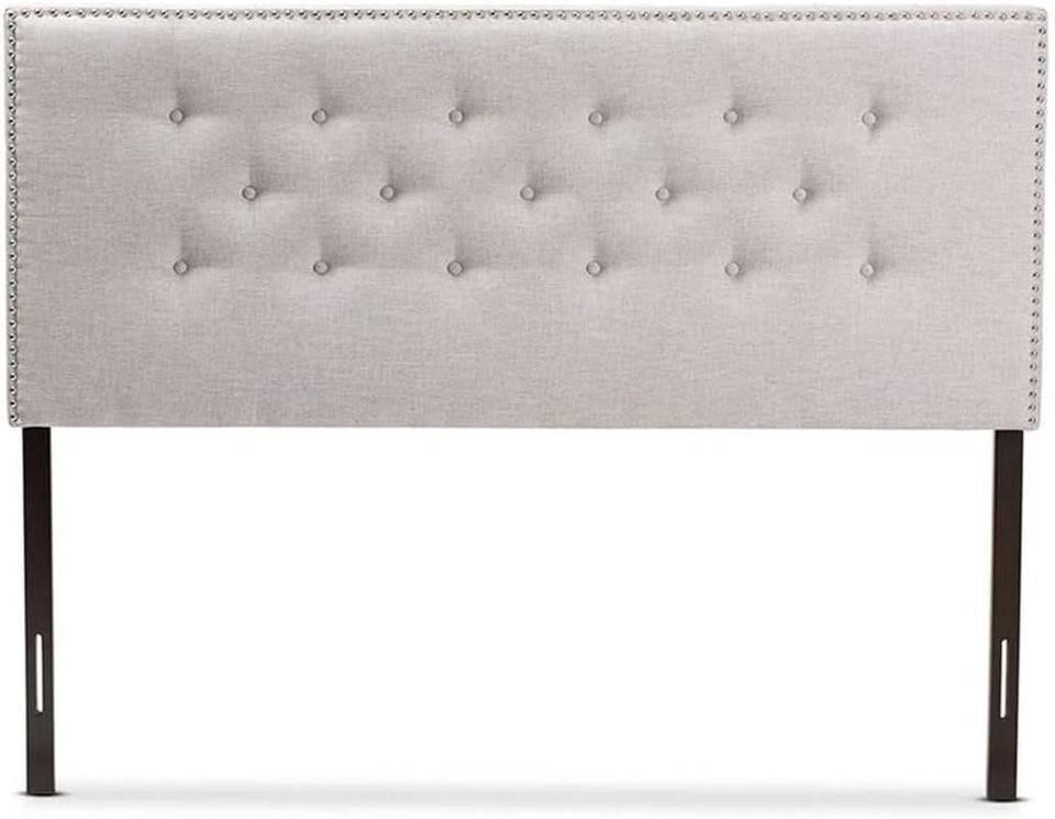 Elegant Tufted King Headboard in Grayish Beige Fabric