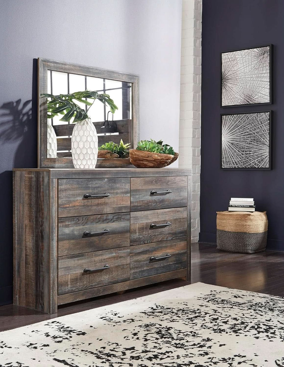 weathered brown dresser Eli Wide Dresser, 6 Drawers, Antique Gray Metal Pulls, Weathered Brown Benjara
