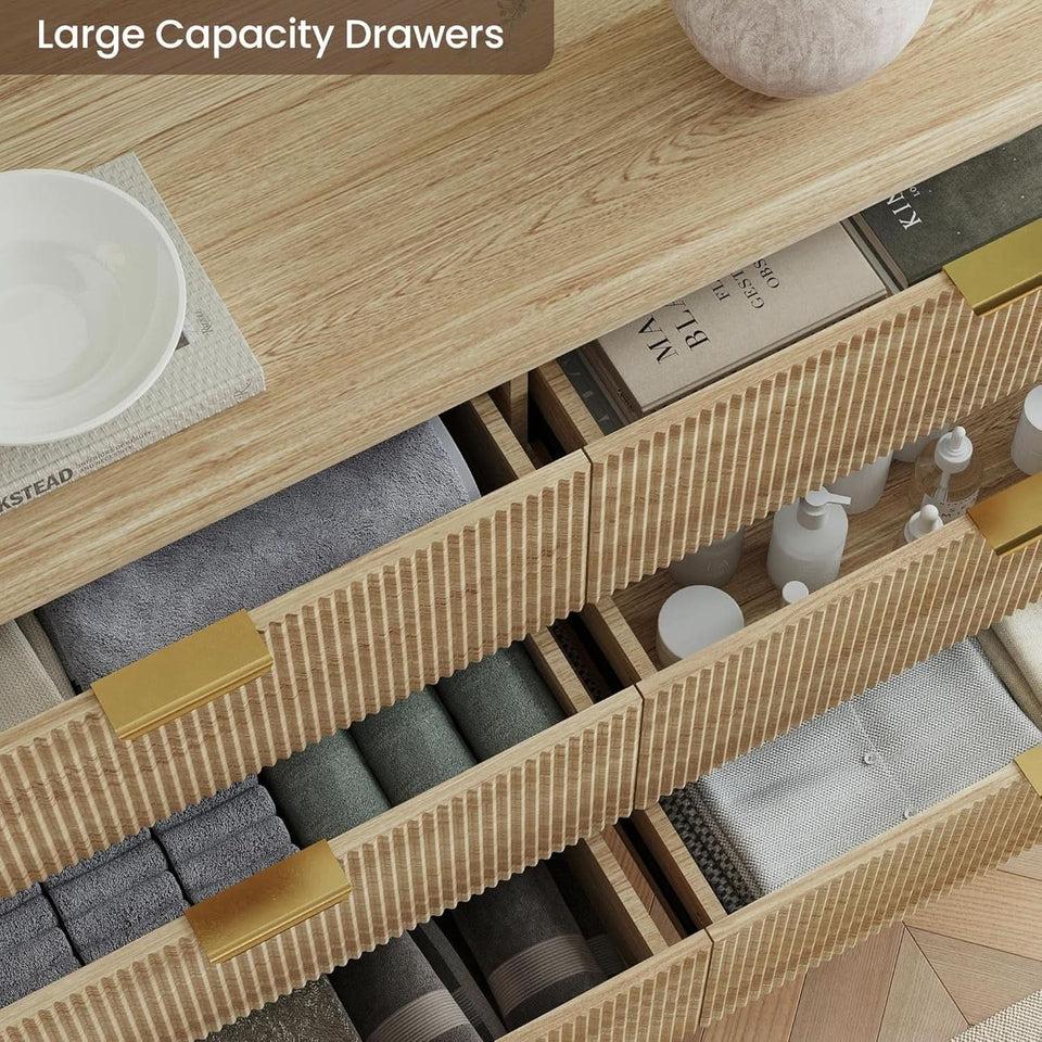 Fluted 49Inch Serpentine Dresser Oak Finish Contemporary