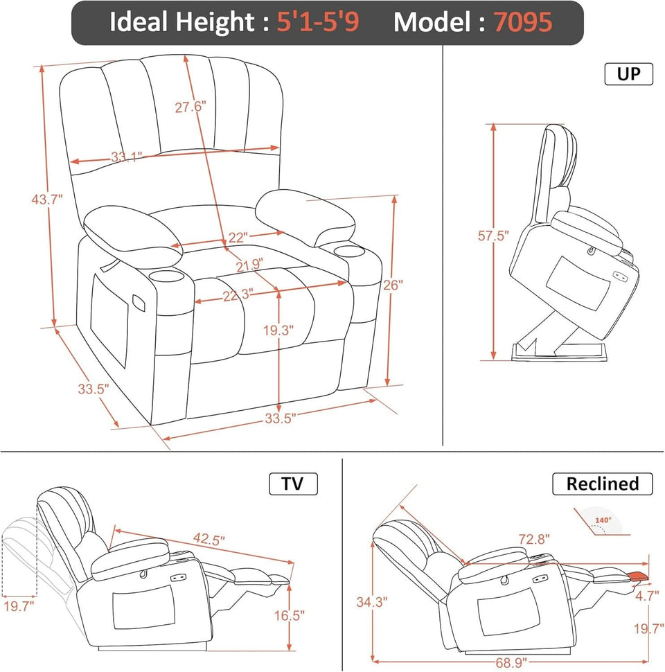 Dark Grey Power Lift Recliner With Massage And USB Charging