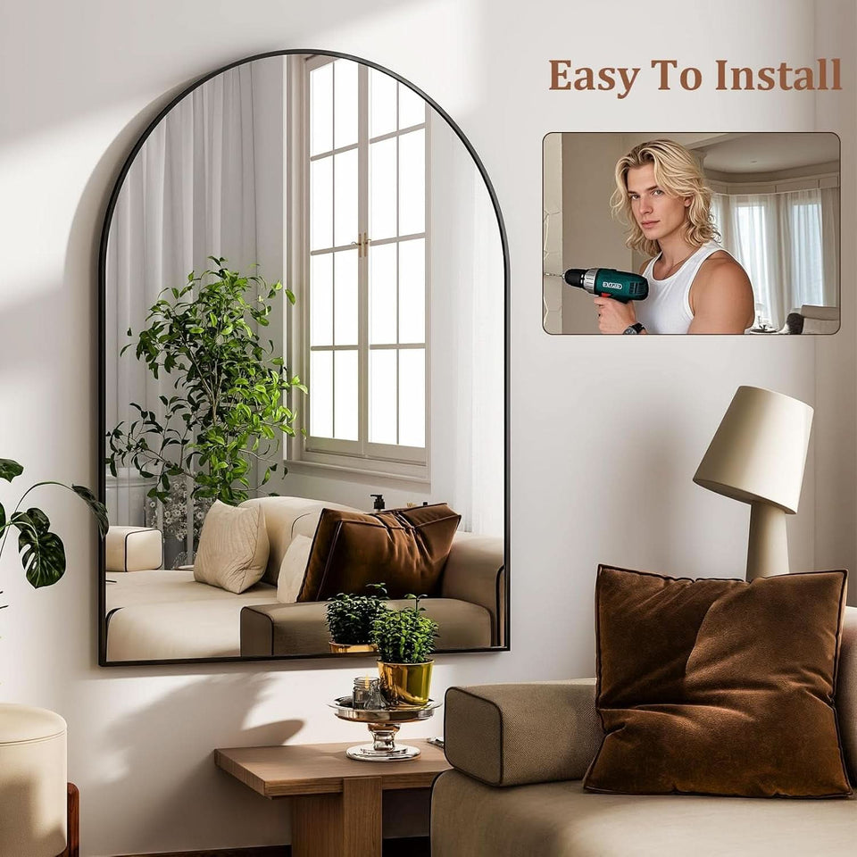 Arched Wall Mirror Black Metal Frame 24 By 36 Inches