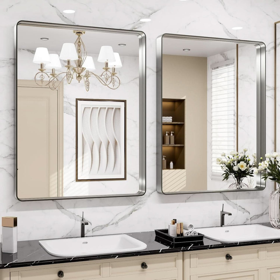 24 By 30 Inch Brushed Nickel Wall Mounted Bathroom Mirror Hangs Horizontally Or Vertically