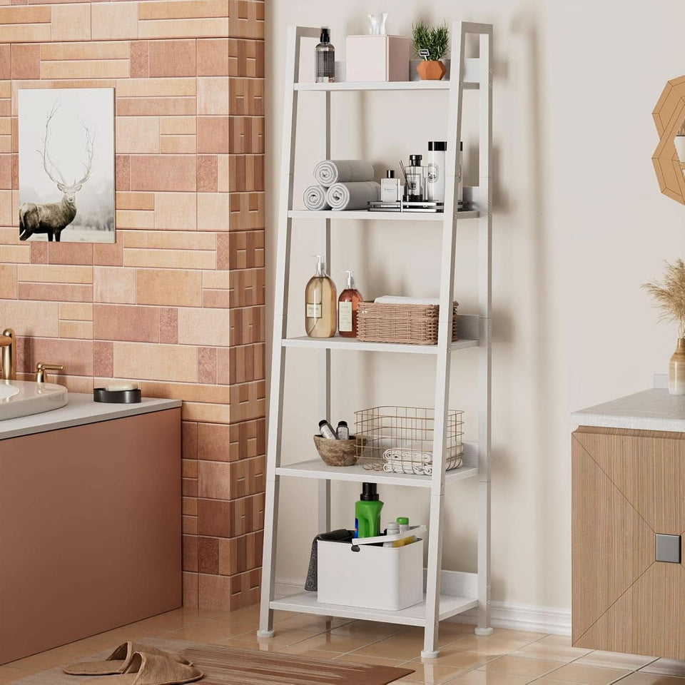 5 Tier White Ladder Shelf With Removable Fabric Drawer
