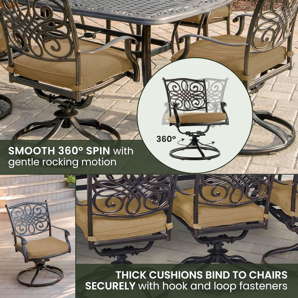 7 Piece Patio Dining Set 6 Swivel Chairs Tan Cushions 38x72
