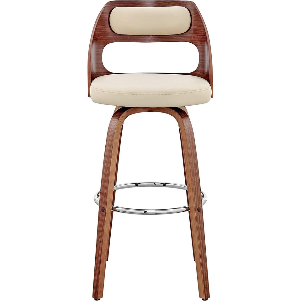 Cream Faux Leather Walnut Wood Bar Stool Swivel 360 Degree