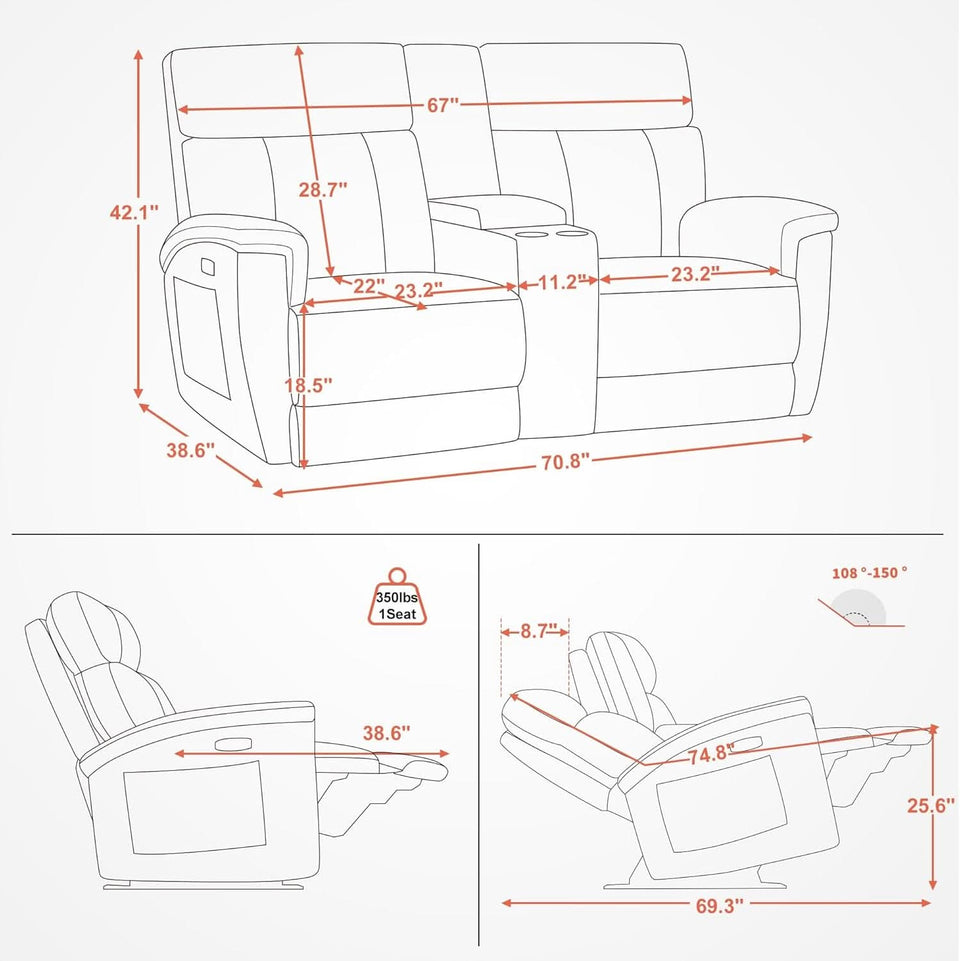 Mocha Power Recliner Loveseat With Massaging For Living Room Comfort