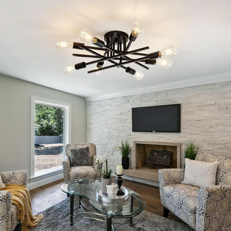 8 Light Matte Black Sputnik Chandelier Semi Flush Mount