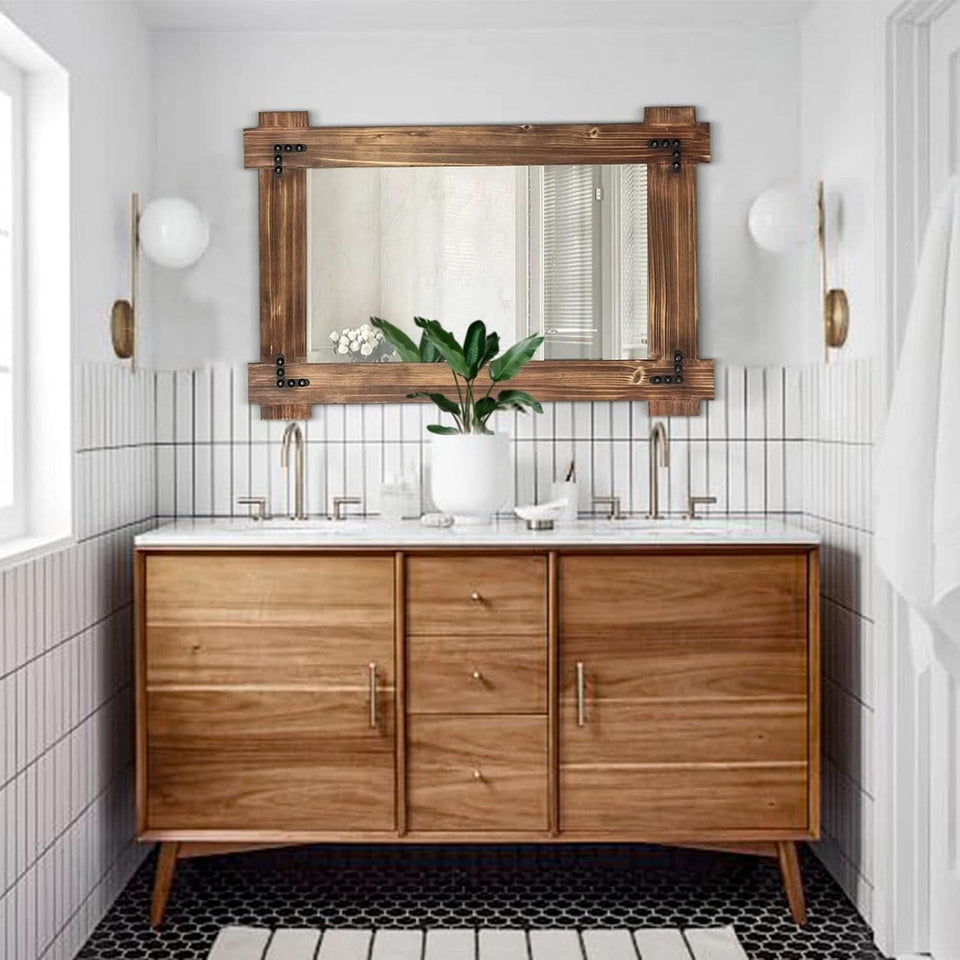 20x30 Rustic Wood Mirror For Bath With Black Metal Accents