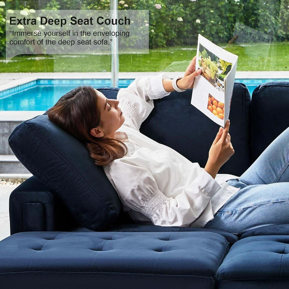 Velvet L Shaped Sofa Reversible Chaise Storage Ottoman Blue