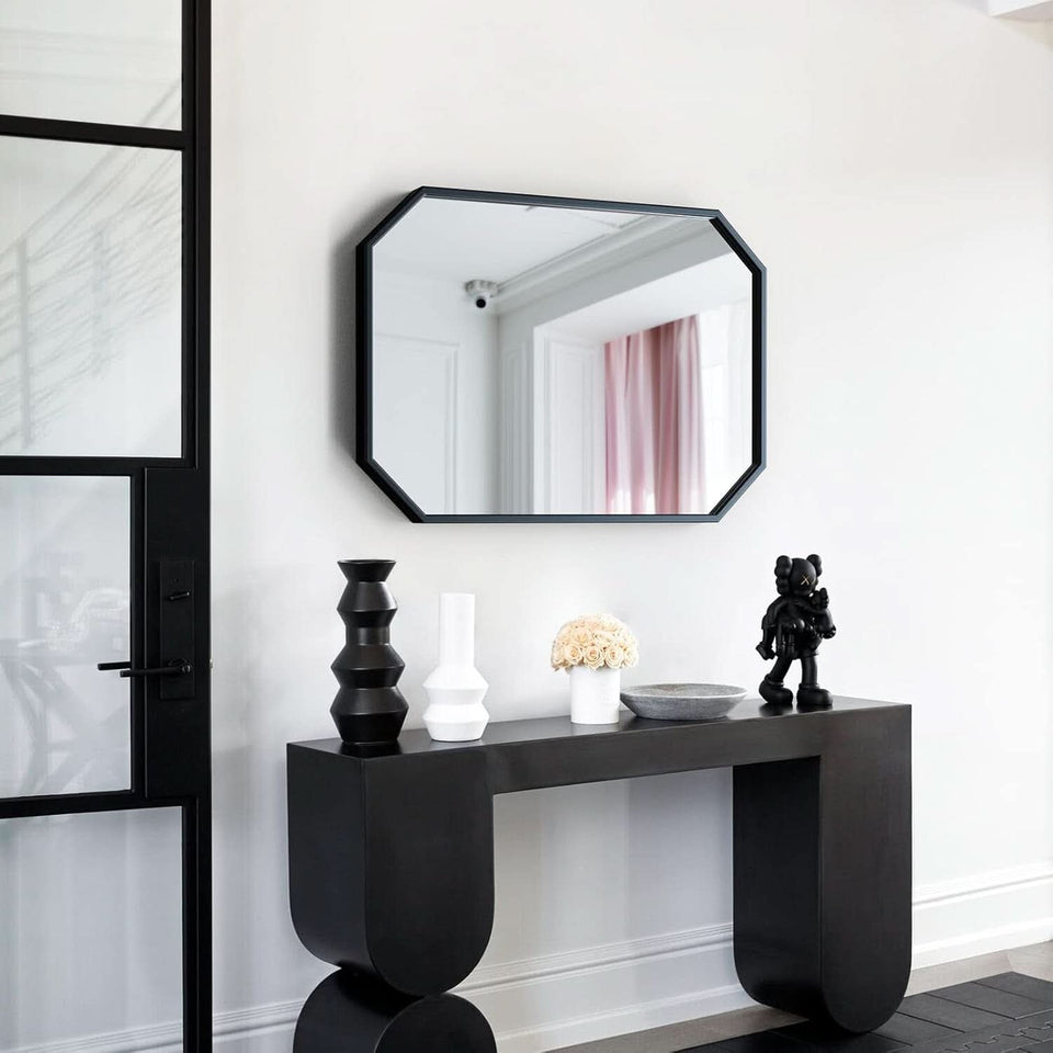 Octagon Black Wall Mirror 20x28 Metal Framed Wall Mounted